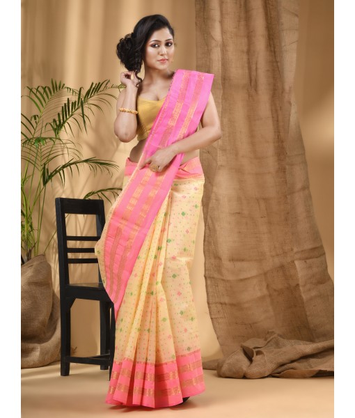  Women`s Bengal Tant Jamdani Printed Handloom Cotton Saree Without Blouse Piece (Pink)