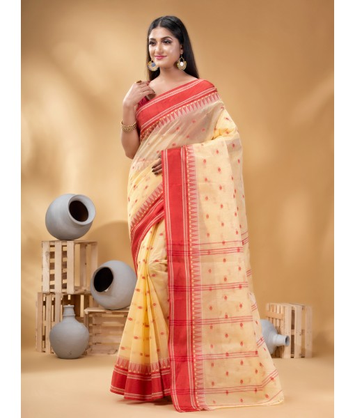  Handloom Cotton Saree Woven Temple Ball Design Without Blouse Piece (Red Off White)