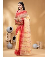  Handloom Cotton Saree Woven Temple Ball Design Without Blouse Piece (Red Off White)