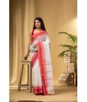  Tant Pure Handloom Cotton Saree Woven Temple Ball Design Without Blouse Piece (White Red)