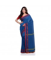 Women`s Traditional Bengali Tant Handloom Cotton Saree Loveria Design With Blouse Piece(Blue)