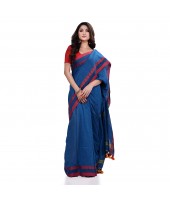 Women`s Traditional Bengali Tant Handloom Cotton Saree Loveria Design With Blouse Piece(Blue)