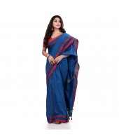 Women`s Traditional Bengali Tant Handloom Cotton Saree Loveria Design With Blouse Piece(Blue)