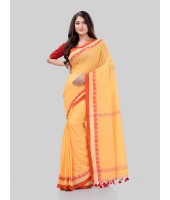 DESH BIDESH Women`s Traditional Bengali Tant Handloom Cotton Saree Royel Loveria Design With Blouse Piece(Yellow)