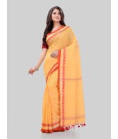 DESH BIDESH Women`s Traditional Bengali Tant Handloom Cotton Saree Royel Loveria Design With Blouse Piece(Yellow)