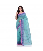 Women`s Traditional Pure Cotton Handloom Saree Woven Tikli Designer Without Blouse Piece(Firoza)