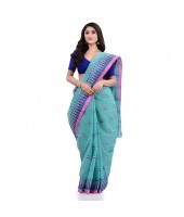 Women`s Traditional Pure Cotton Handloom Saree Woven Tikli Designer Without Blouse Piece(Firoza)