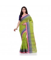 Women`s Traditional Pure Cotton Handloom Saree Woven Tilak Designer Without Blouse Piece (Green)