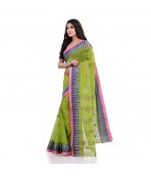 Women`s Traditional Pure Cotton Handloom Saree Woven Tilak Designer Without Blouse Piece (Green)