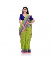 Women`s Traditional Pure Cotton Handloom Saree Woven Tilak Designer Without Blouse Piece (Green)