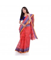 Women`s Traditional Pure Cotton Handloom Saree Woven Tilak Designer Without Blouse Piece(Light Red)