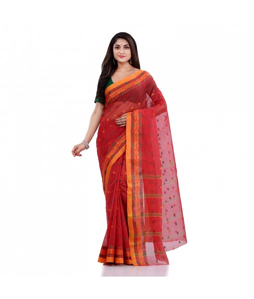 Women`s Traditional Pure Cotton Handloom Saree Chotushkone Woven Designer Without Blouse Piece(Red)