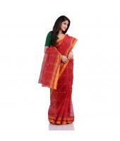 Women`s Traditional Pure Cotton Handloom Saree Chotushkone Woven Designer Without Blouse Piece(Red)