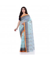 Women`s Traditional Pure Cotton Handloom Saree Woven Tikli Designer Without Blouse Piece(Soft Blue)