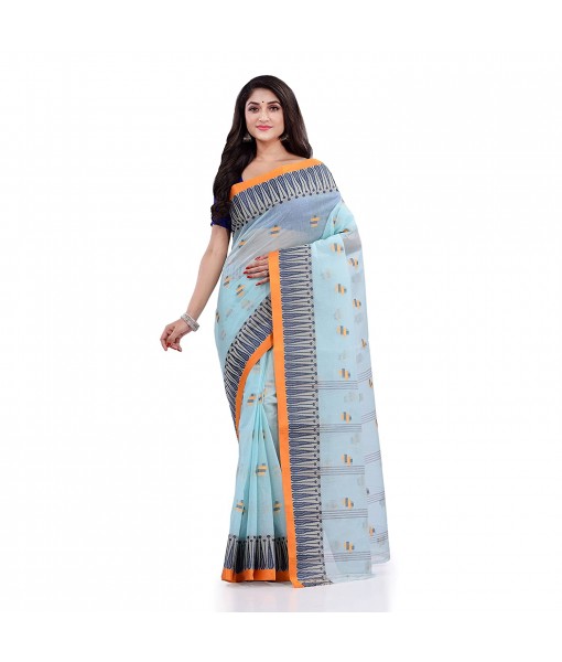 Women`s Traditional Pure Cotton Handloom Saree Woven Tikli Designer Without Blouse Piece(Soft Blue)