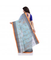 Women`s Traditional Pure Cotton Handloom Saree Woven Tikli Designer Without Blouse Piece(Soft Blue)