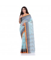 Women`s Traditional Pure Cotton Handloom Saree Woven Tikli Designer Without Blouse Piece(Soft Blue)