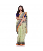 Women`s Traditional Pure Cotton Handloom Saree Woven Tikli Designer Without Blouse Piece (Soft Green)