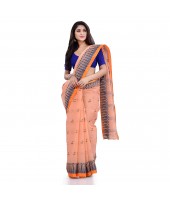 Women`s Traditional Pure Cotton Handloom Saree Woven Tikli Designer Without Blouse Piece (Soft Orange)