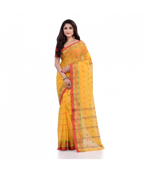 Women`s Traditional Pure Cotton Handloom Saree Chotushkone Woven Designer Without Blouse Piece (Yellow)