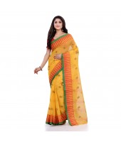 Women`s Traditional Pure Cotton Handloom Saree Woven Tikli Designer Without Blouse Piece (Yellow)