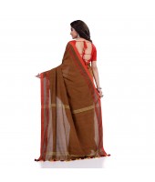 DESH BIDESH Women`s Traditional Bengali Tant Handloom Cotton Saree Loveria Design With Blouse Piece(Brown)