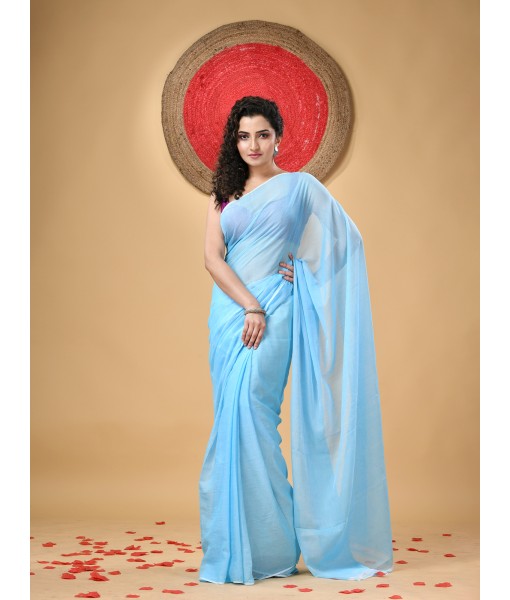 Fancy Trendy Solid Transparent Design Pure Cotton Handloom MulMul Saree (Blue)