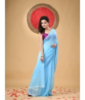  Fancy Trendy Solid Transparent Design Pure Cotton Handloom MulMul Saree (Blue)