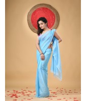  Fancy Trendy Solid Transparent Design Pure Cotton Handloom MulMul Saree (Blue)