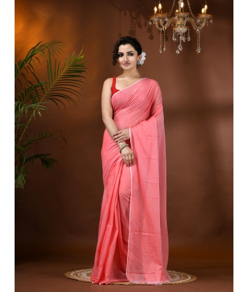 dB DESH BIDESH Women`s Fancy Trendy Solid Transparent Design Pure Cotton Handloom MulMul Saree (Light Red)