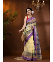 Tree Print Design Pure Handloom Cotton Saree Without Blouse Piece (Purple)