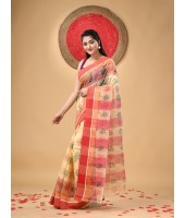 Tree Print Design Pure Handloom Cotton Saree Without Blouse Piece (Red)