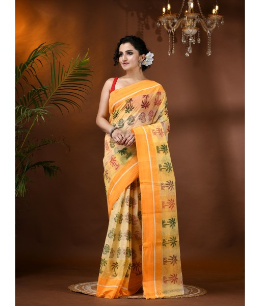  Tree Print Design Pure Handloom Cotton Saree Without Blouse Piece (Yellow)
