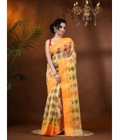  Tree Print Design Pure Handloom Cotton Saree Without Blouse Piece (Yellow)