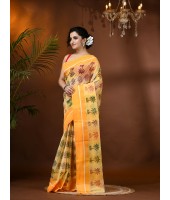  Tree Print Design Pure Handloom Cotton Saree Without Blouse Piece (Yellow)