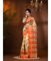 Tree Print Design Pure Handloom Cotton Saree Without Blouse Piece (Orange)