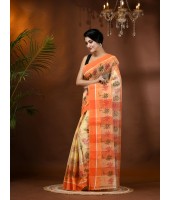 Tree Print Design Pure Handloom Cotton Saree Without Blouse Piece (Orange)