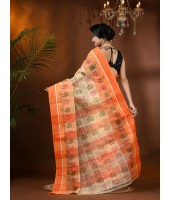 Tree Print Design Pure Handloom Cotton Saree Without Blouse Piece (Orange)