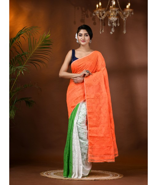 Cotton Handloom Jamdani Saree With Blouse Piece (Tri Color Orange White Green)