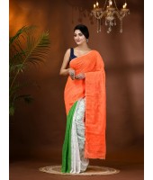 Cotton Handloom Jamdani Saree With Blouse Piece (Tri Color Orange White Green)