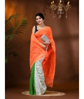 Cotton Handloom Jamdani Saree With Blouse Piece (Tri Color Orange White Green)