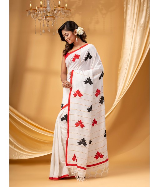  Bengali Khesh Pure Cotton Handloom Saree Tri Flower Designed With Blouse Piece (White Red Black)