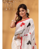  Bengali Khesh Pure Cotton Handloom Saree Tri Flower Designed With Blouse Piece (White Red Black)