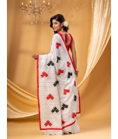  Bengali Khesh Pure Cotton Handloom Saree Tri Flower Designed With Blouse Piece (White Red Black)