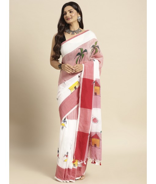 Handloom Pure Cotton Saree with Tribal Hand-Made Art Design (Red-White) - Durga Puja Collection