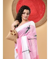 Handloom Pure Cotton Saree Tribal Hand Made Art Design With Blouse Piece (Pink White)