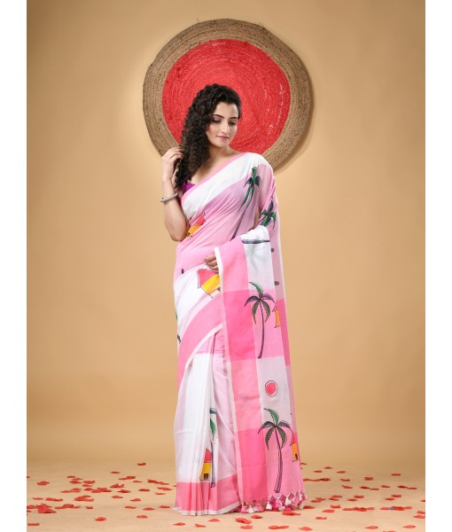 Handloom Pure Cotton Saree Tribal Hand Made Art Design With Blouse Piece (Pink White)