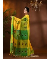 Handloom Pure Cotton Saree Tribal Hand Made Art Design With Blouse Piece (Yellow Green)