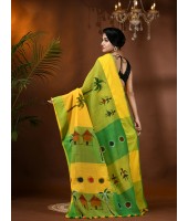 Handloom Pure Cotton Saree Tribal Hand Made Art Design With Blouse Piece (Yellow Green)