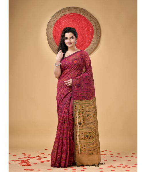  Cotton Blend Tribal Warli Print Half half Design Handloom Sarees with Blouse Piece(red Khaki)